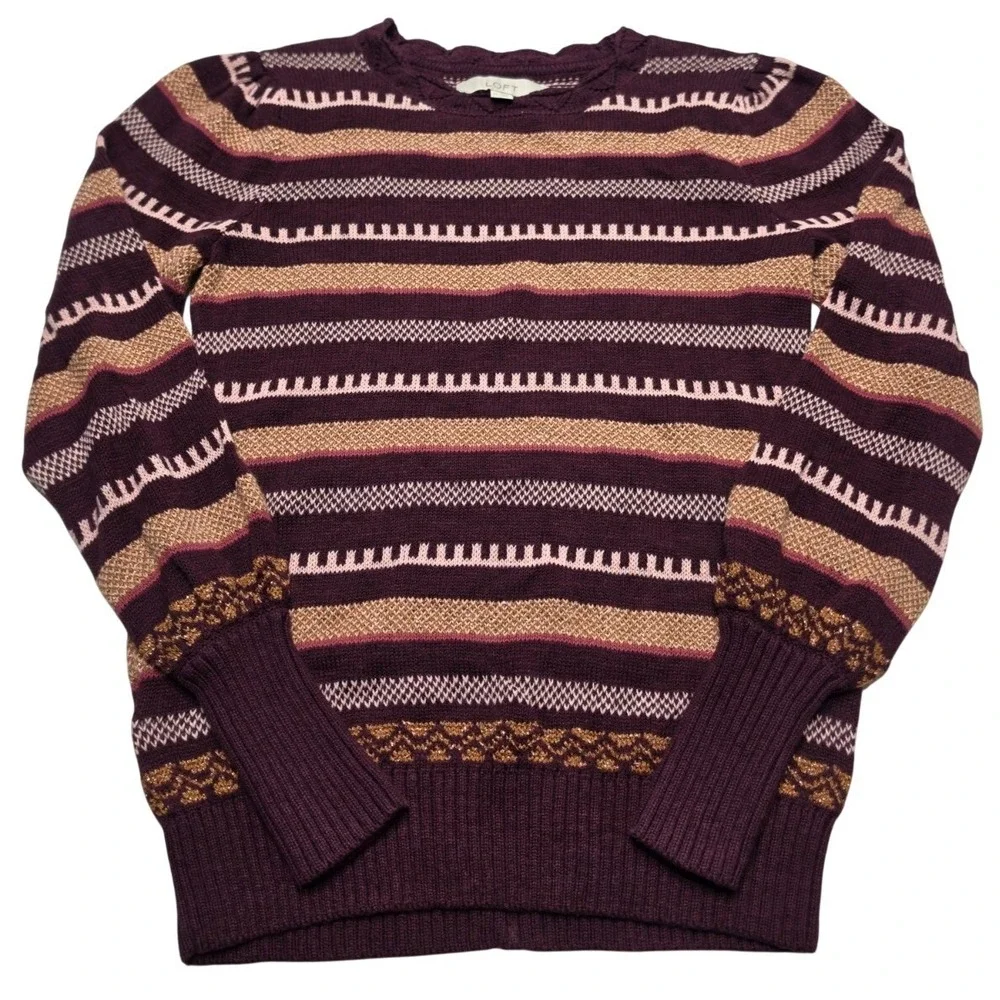 LOFT Scalloped Metallic Sweater Women's XS Burgundy Gold Striped